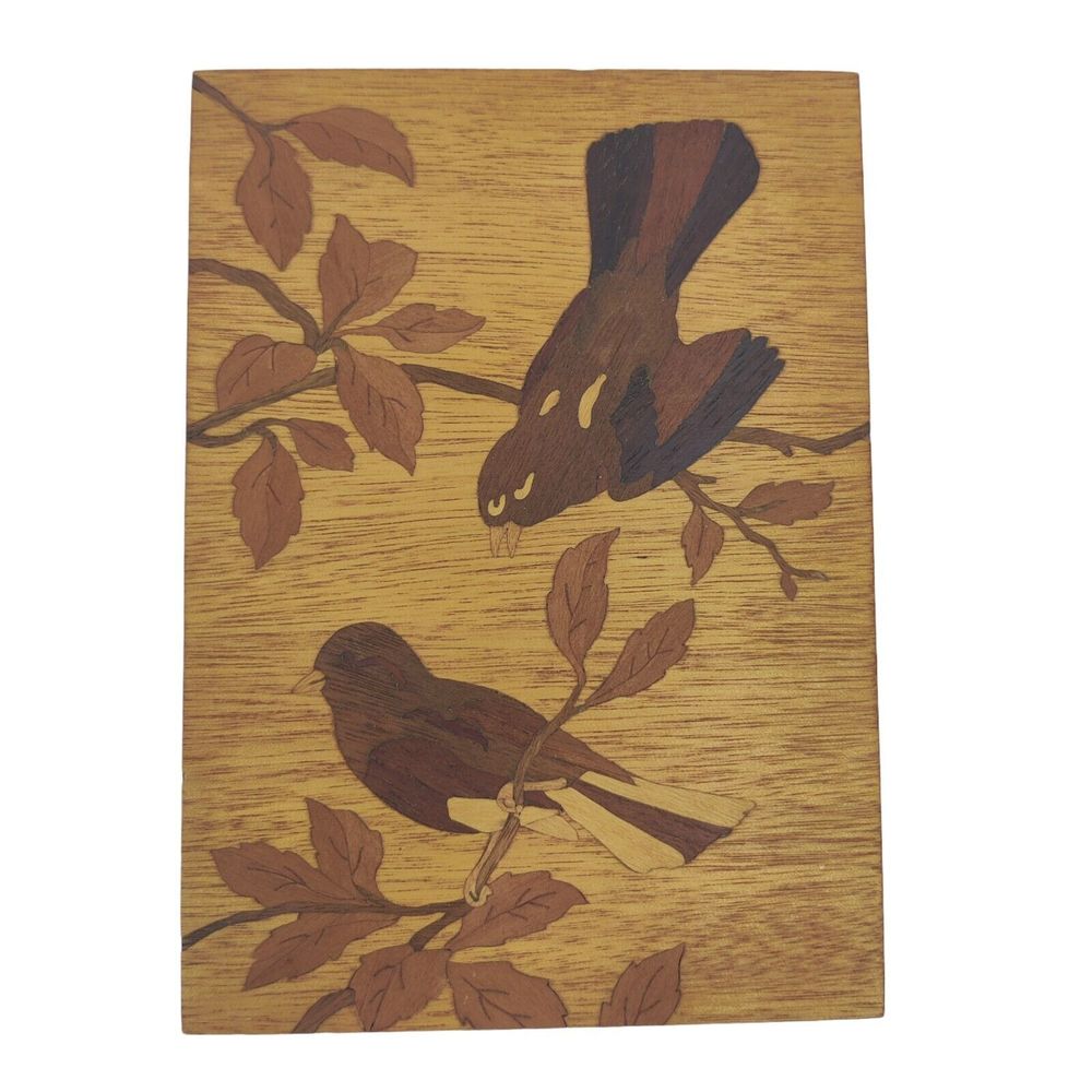 Inlay Wood Art Birds Flower Branches‎ Leaves Handcrafted Stained 5x7 Vtg